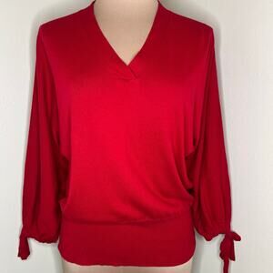 Vintage DKNY Blouson Sweater L/XL Womens Red Knit Tie Cuffs V-Neck Y2K Cotton